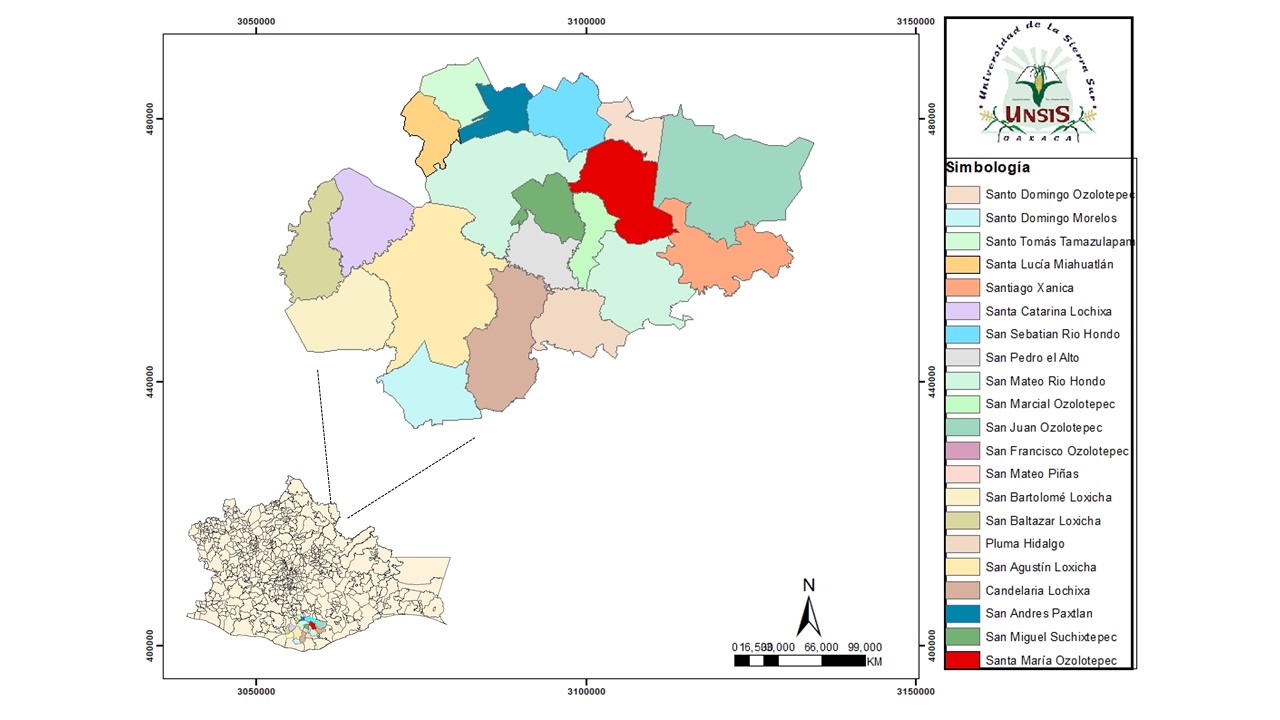 Mapa 1. Ubicaci&oacute;n geogr&aacute;fica de la
micro regi&oacute;n Zapoteca-Sierra Sur